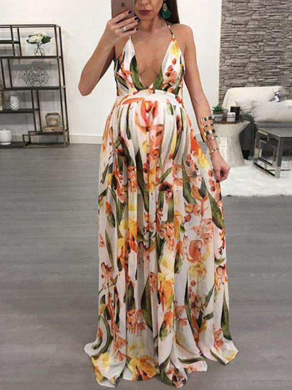 Flowers Backless Evening Party V-neck Sweet Maternity Maxi Dress