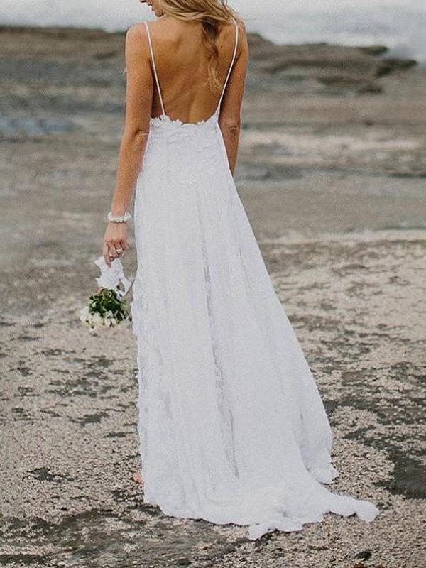 White Side Slit Lace Backless V Neck Spaghetti Straps Women Maxi Dresses Wedding Dress