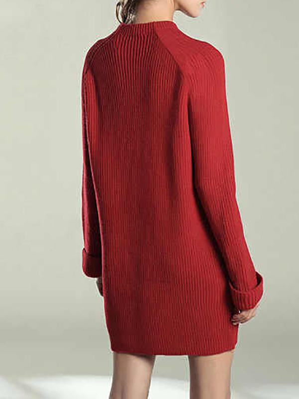 Solid Crochet Round Neck Long Sleeve Maternity Mini Dress