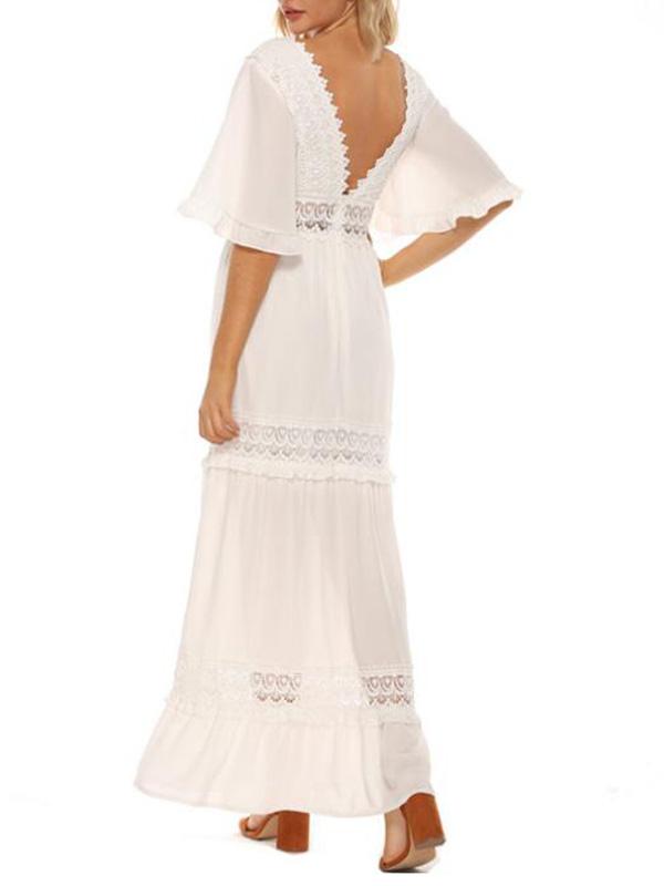Patchwork Lace Deep V-neck Half Sleeve Bohemian Maternity Dress