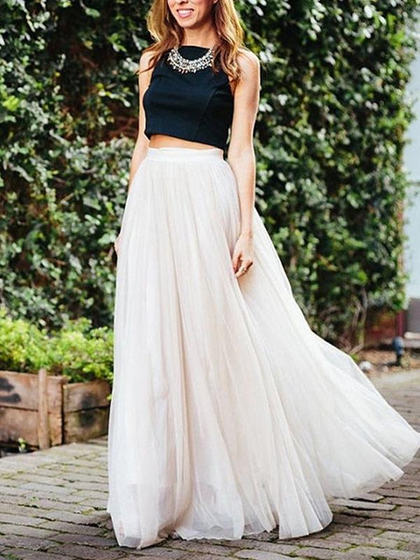 Seindeal Mesh Pleated Elastic Waist Floor Length Elegant Tutu Maxi Skirt Tulle Skirt Evening Skirt Women Fashion