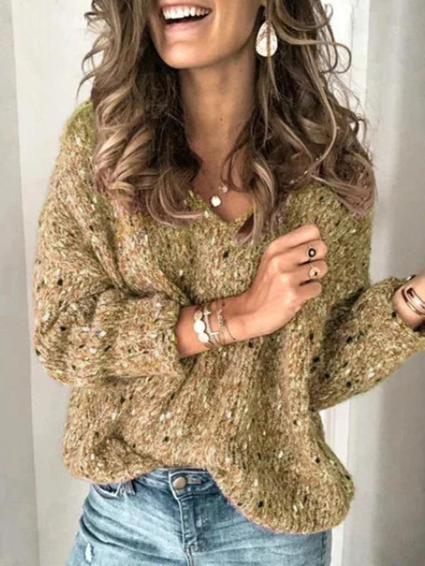 Patchwork V-neck Long Sleeve Crochet Oversized Casual Maternity Sweater