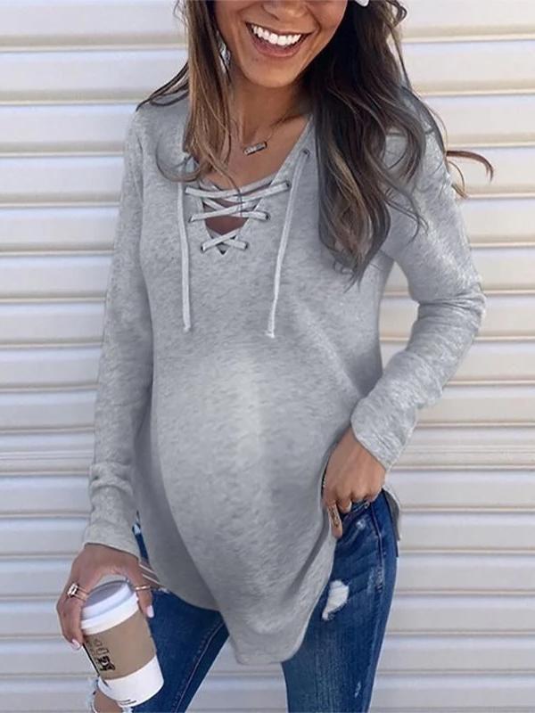 Solid Color Drawstring Lace Up Irregular Collar Long Sleeve Cute Maternity T-shirt