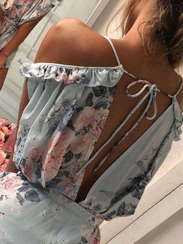 Seindeal Flowers Tie Back Halter One Piece Short Maternity Jumpsuit