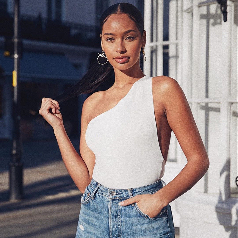 Solid OneShoulder Backless Sleeveless Maternity OnePiece