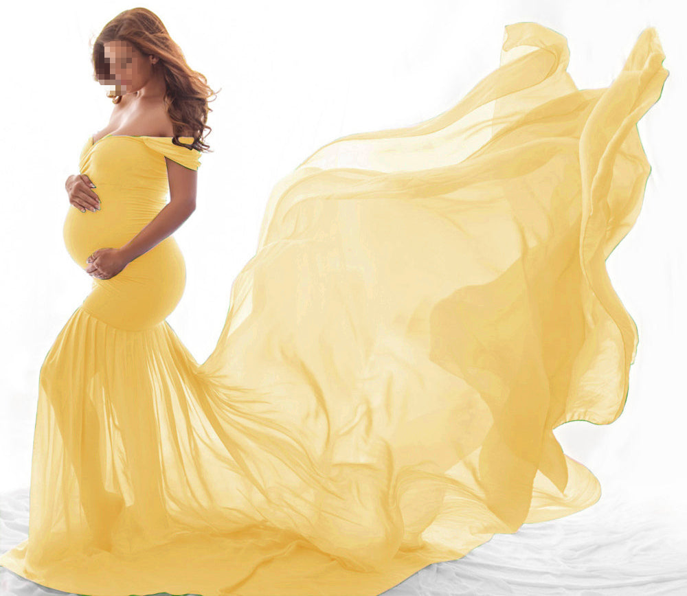 Seindeal Flowy Chiffon Draped Off-shoulder Baby Shower Red Maternity Dresses for Photoshoot