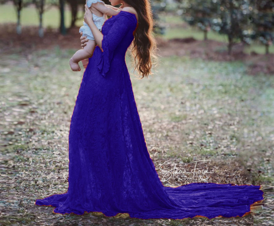 Seindeal Lace Flare Sleeve Off Shoulder Baby Shower Maternity Maxi Dress Halloween