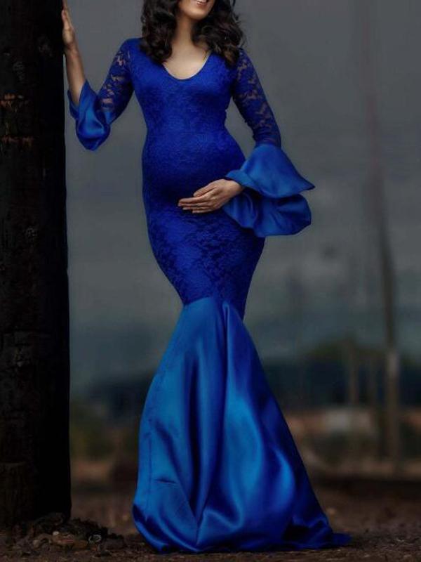 Seindeal Patchwork Lace Flare Sleeve Mermaid Pregnant Maternity Photoshot Dress Maxi