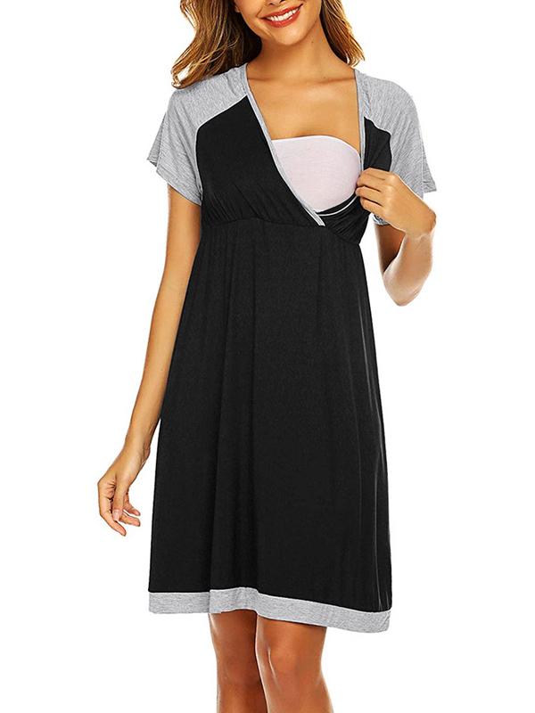 Seindeal Draped V-neck Short Sleeve Maternity Nursing Pajama Mini Dress