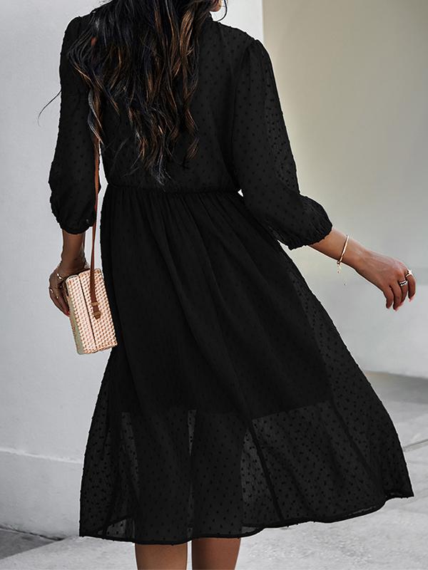 Solid Color Ruffle Mesh V-Neck Half-Length Midi Dresses Women Fashion Elegant Dress