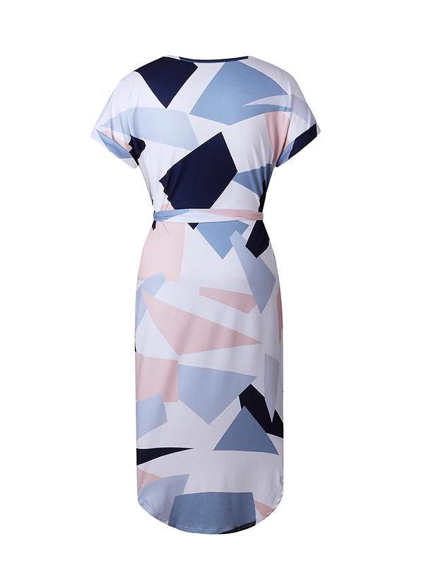 Color Block Belt Bodycon V-neck Short Sleeve Fashion Maternity Midi Dress