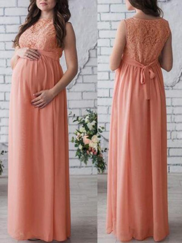 Lace Draped Round Neck For Babyshower Maternity Maxi Dress