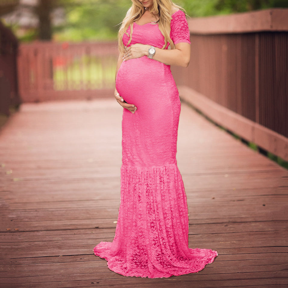 Seindeal Boho Pink Lace Plus Size Maternity Dress Cheap Pleated Bodycon Mermaid Maxi Dress for Photoshoot