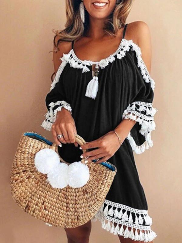 Patchwork Cut Out Tassel Flowy Above Knee Sleeveless Sweet Maternity Mini Dress