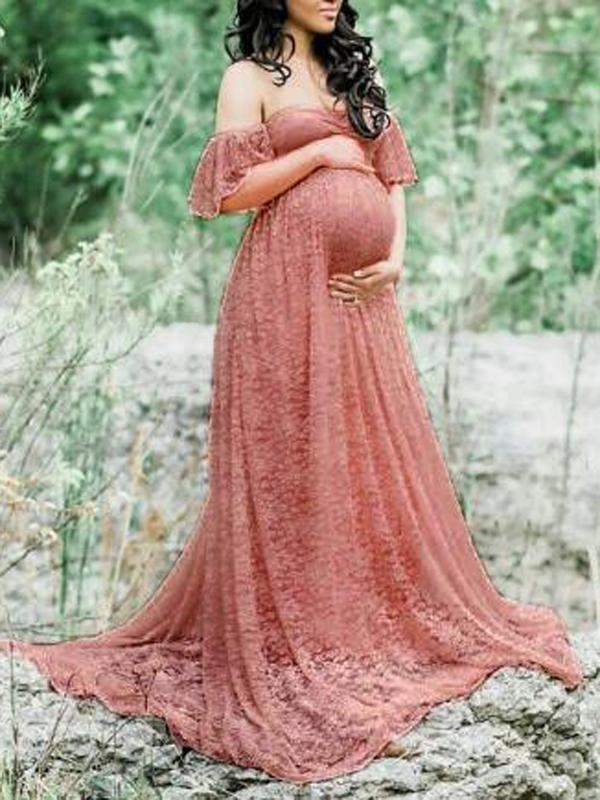 Seindeal Off Shoulder Lace for Baby Shower Maternity Maxi Dress