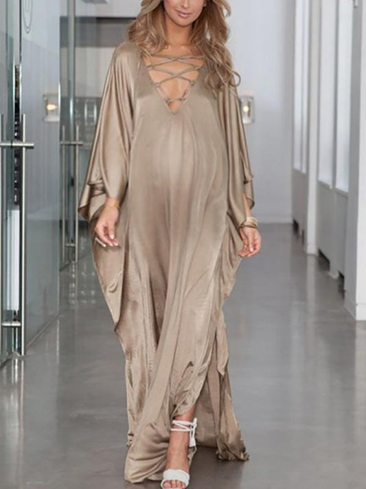 Solid Color Double Slit Flowy Floor Length Plunging Neckline Long Sleeve Maternity Maxi Dress