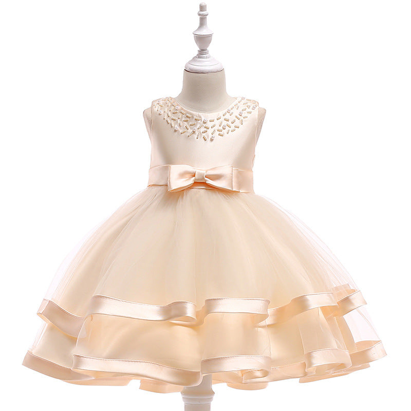 Girls Beading Bow Layered Sleeveless Round Neck Gown Dress Formal