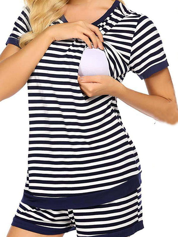 Seindeal Striped Two Piece Maternity Nursing Pajama Sleepwear Short Jumpsuit