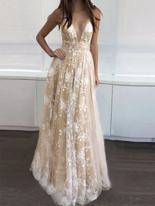 Apricot Backless Mesh V-Neck Spaghetti Straps Women Maxi Dresses Evening Dress Ball Gown