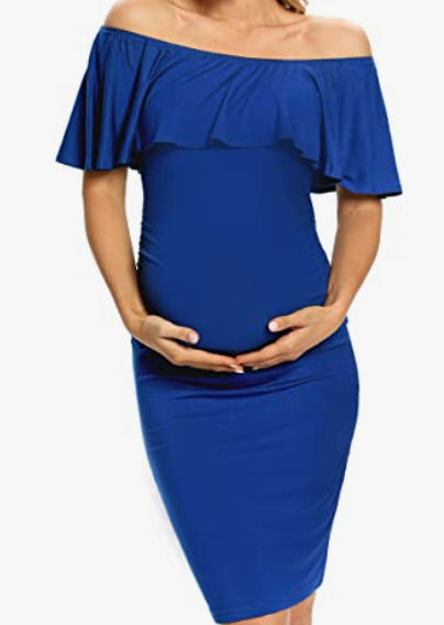 Ruffle Off Shoulder Baby Shower Fitted Maternity Midi Dress