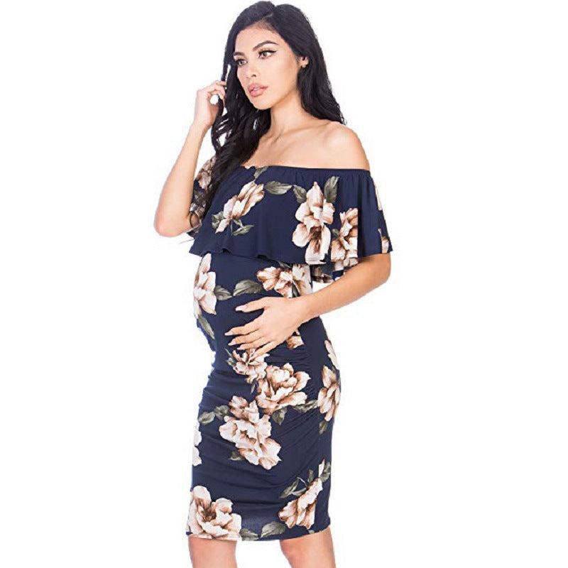 Ruffle Off Shoulder Baby Shower Fitted Maternity Midi Dress