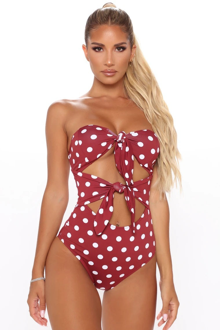 Polka Dot Bowknot Backless One Piece Dacron Cute Maternity Swimwear