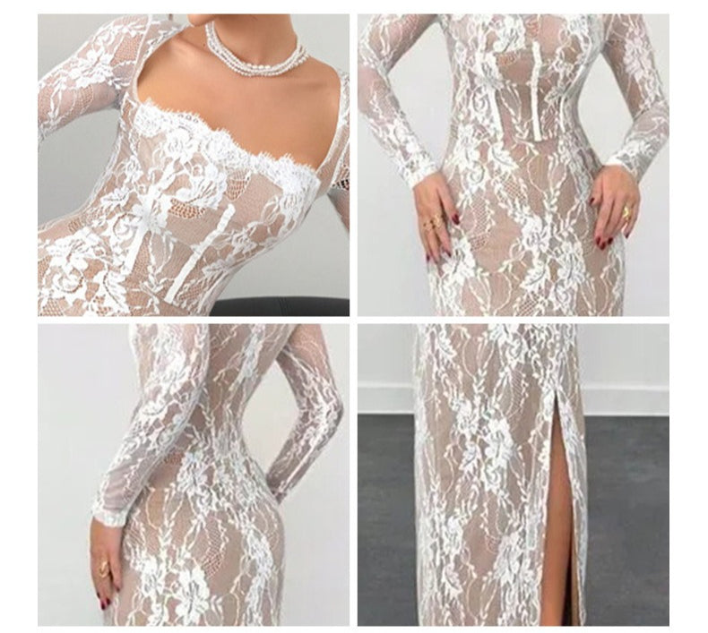 Cross-border Women's Square Neck Lace Dress Trim Spliced Collar Long-sleeve Slim Fit Split Long Elegant Temperament