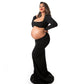 Seindeal  Black Cut Out Mermaid Crop Long Sleeve Backless Bodycon Cocktail Club Party Photoshoot Maternity Maxi Dress