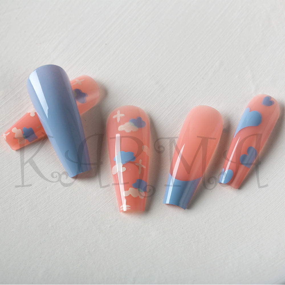 Nail Tips Barbie Pink Heart and Cute Blue Butterfly Long Wear Nail Art Pieces