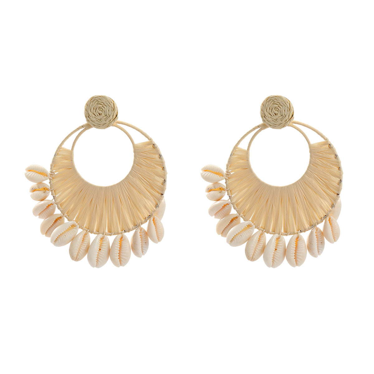 Seindeal Hoho Raffia Straw Circle Earring Shell Tassels for Holiday Beach