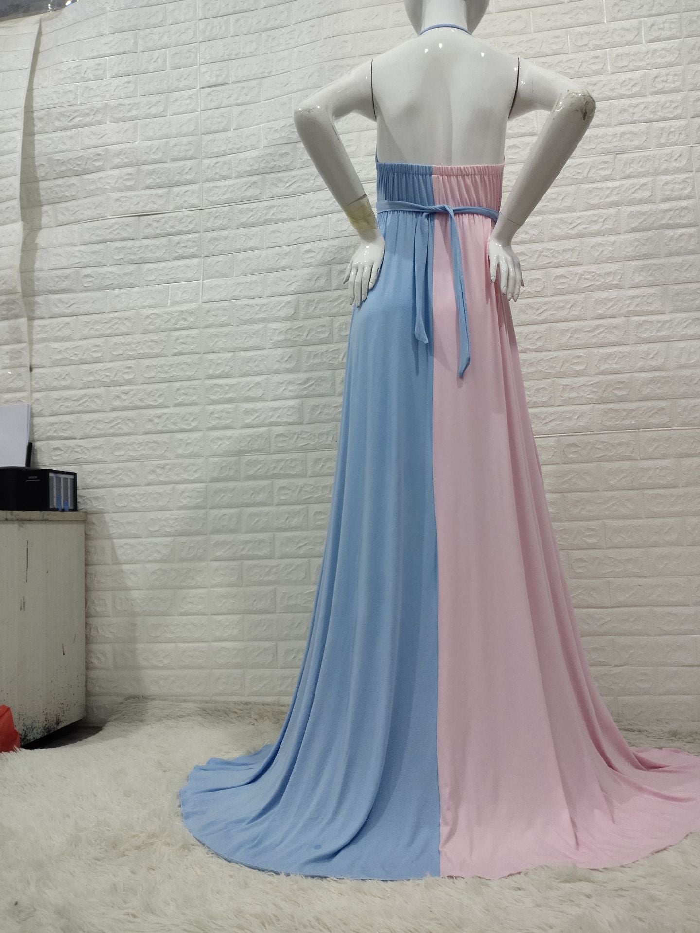 Pink&Blue Lace Backless Side Slit Gender Reveal Cute Maternity Maxi Dress for Photoshoot