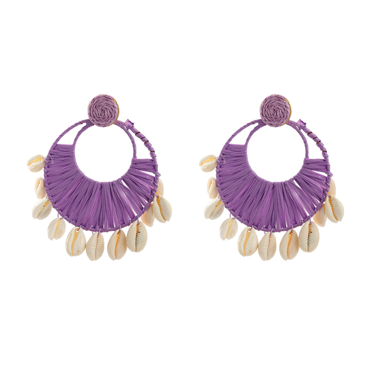 Seindeal Hoho Raffia Straw Circle Earring Shell Tassels for Holiday Beach