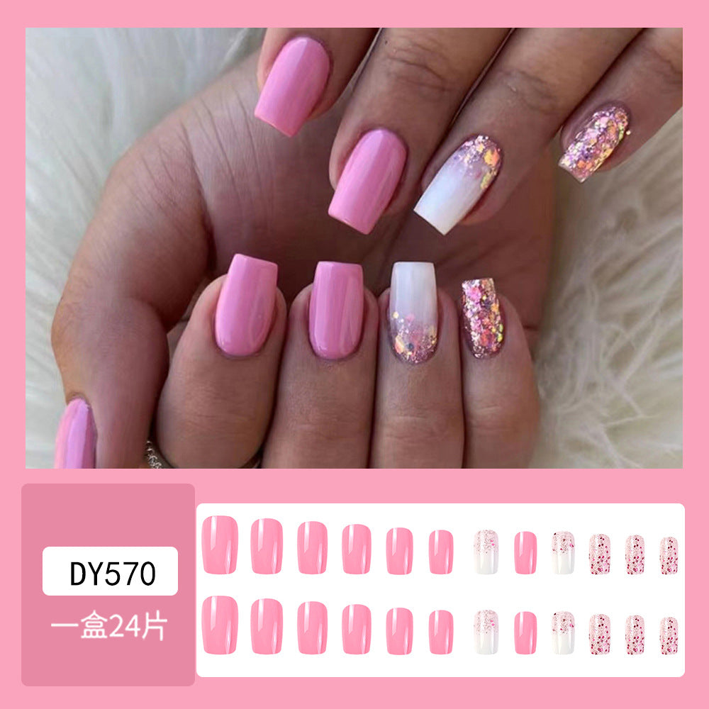 Medium-Length Square Barbie Pink Shiny Wearable Nails - Foreign Trade Fake Nail Art Stickers