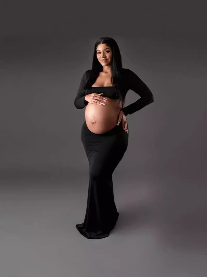 Seindeal  Black Cut Out Mermaid Crop Long Sleeve Backless Bodycon Cocktail Club Party Photoshoot Maternity Maxi Dress