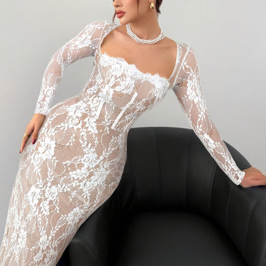 Cross-border Women's Square Neck Lace Dress Trim Spliced Collar Long-sleeve Slim Fit Split Long Elegant Temperament