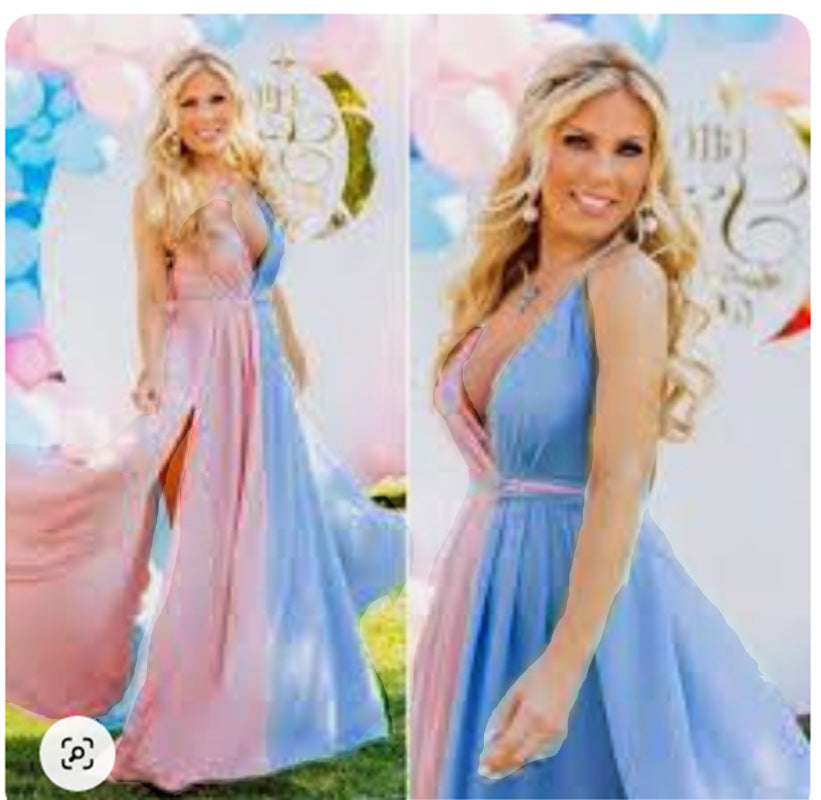 Pink&Blue Lace Backless Side Slit Gender Reveal Cute Maternity Maxi Dress for Photoshoot