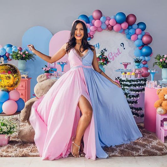 Pink&Blue Lace Backless Side Slit Gender Reveal Cute Maternity Maxi Dress for Photoshoot