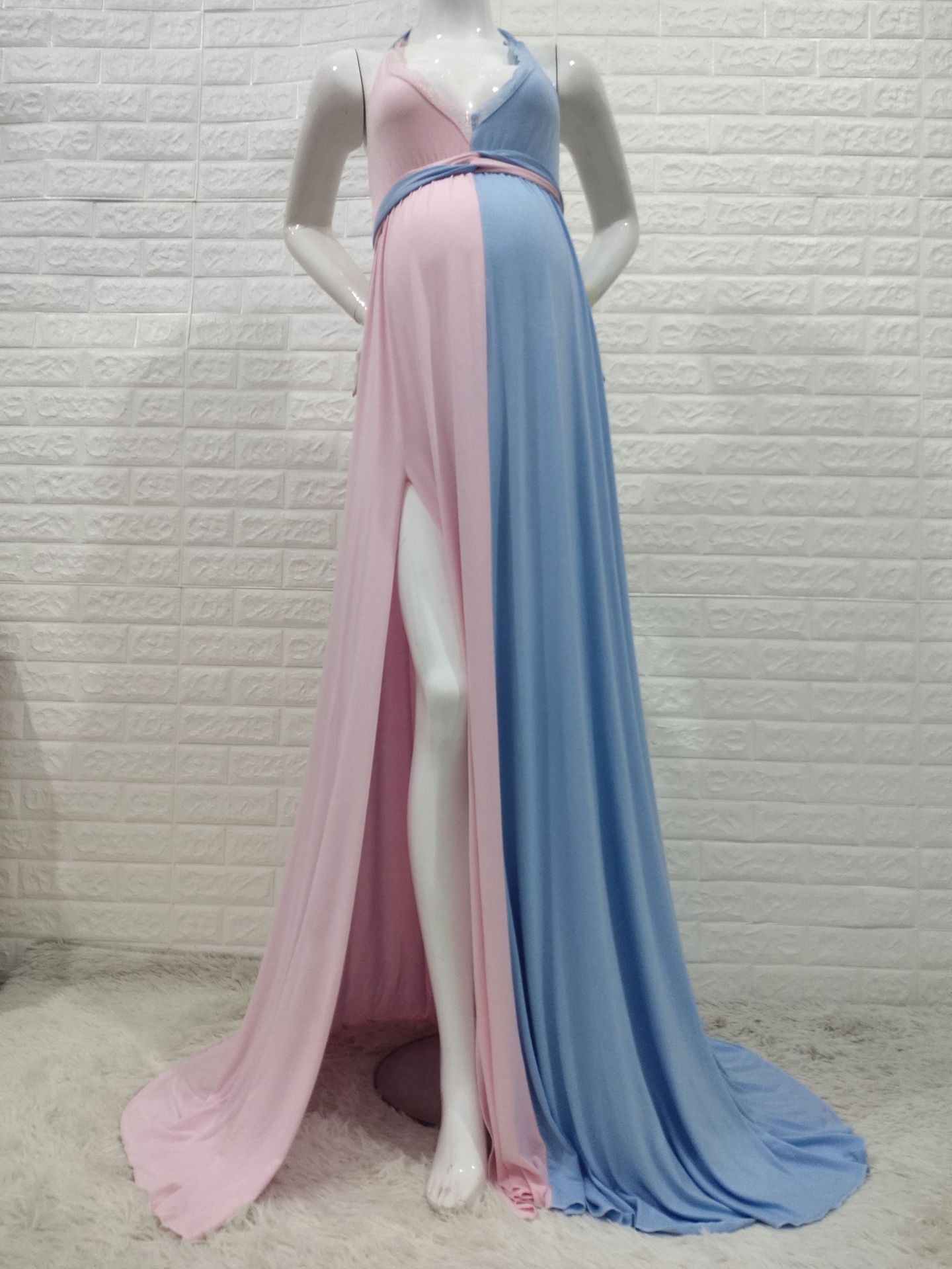 Pink&Blue Lace Backless Side Slit Gender Reveal Cute Maternity Maxi Dress for Photoshoot