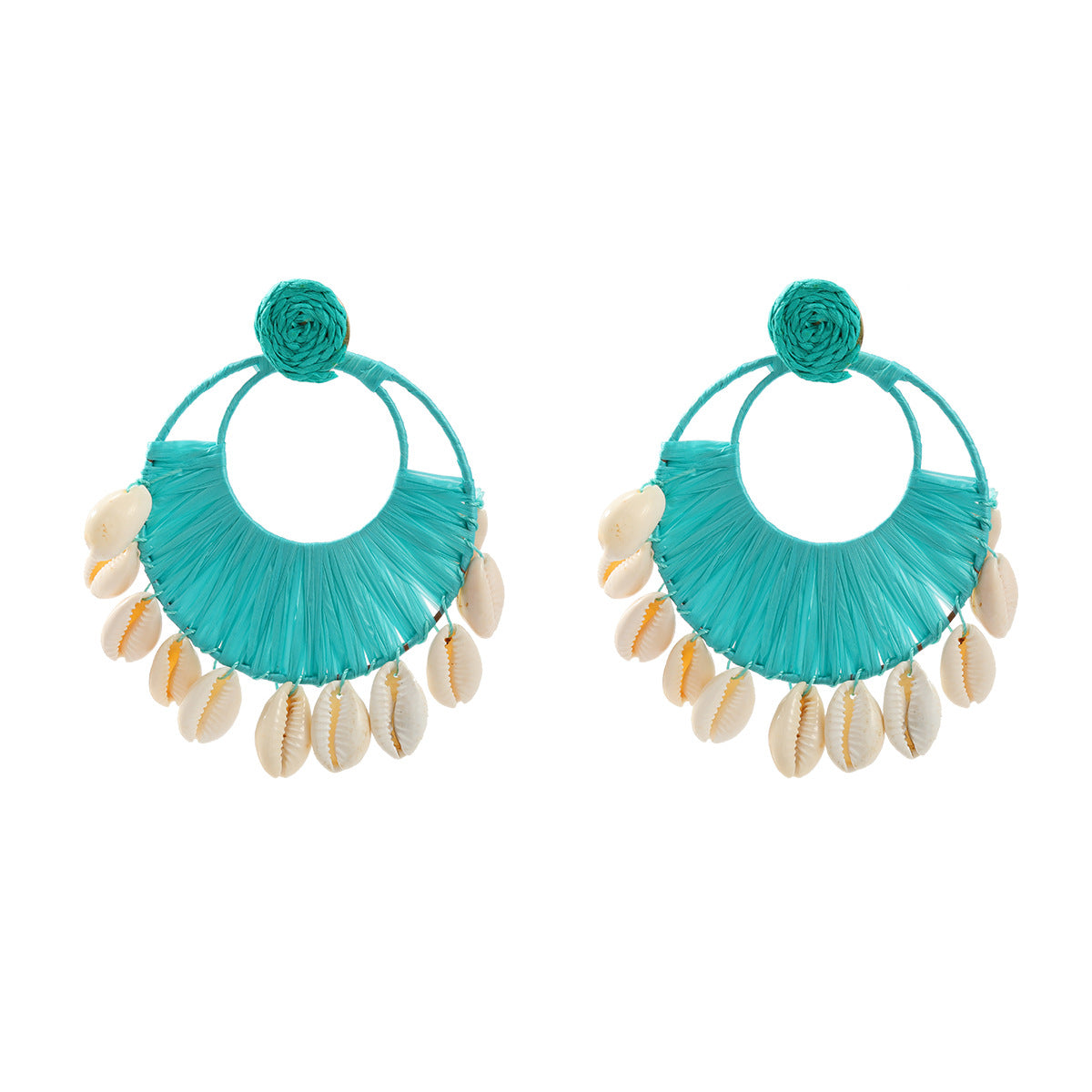 Seindeal Hoho Raffia Straw Circle Earring Shell Tassels for Holiday Beach