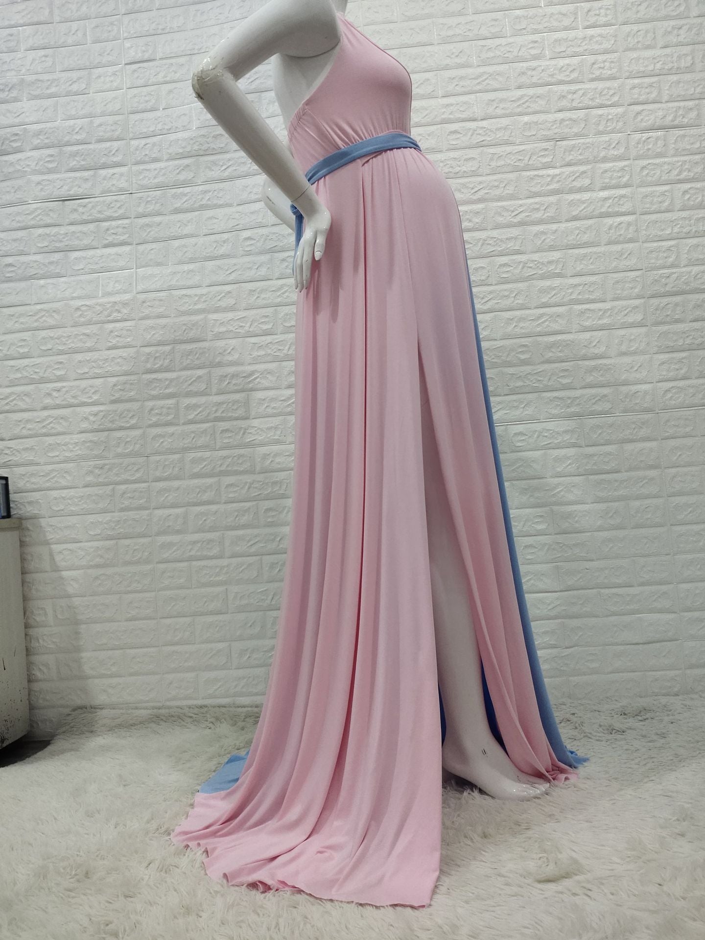 Pink&Blue Lace Backless Side Slit Gender Reveal Cute Maternity Maxi Dress for Photoshoot