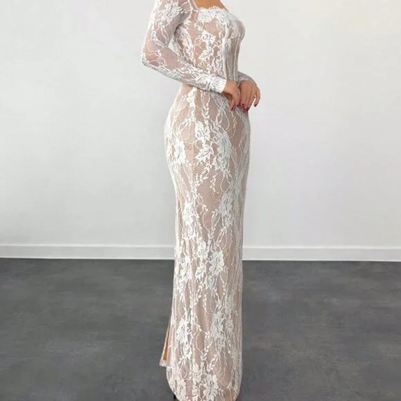 Cross-border Women's Square Neck Lace Dress Trim Spliced Collar Long-sleeve Slim Fit Split Long Elegant Temperament