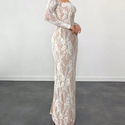 Cross-border Women's Square Neck Lace Dress Trim Spliced Collar Long-sleeve Slim Fit Split Long Elegant Temperament