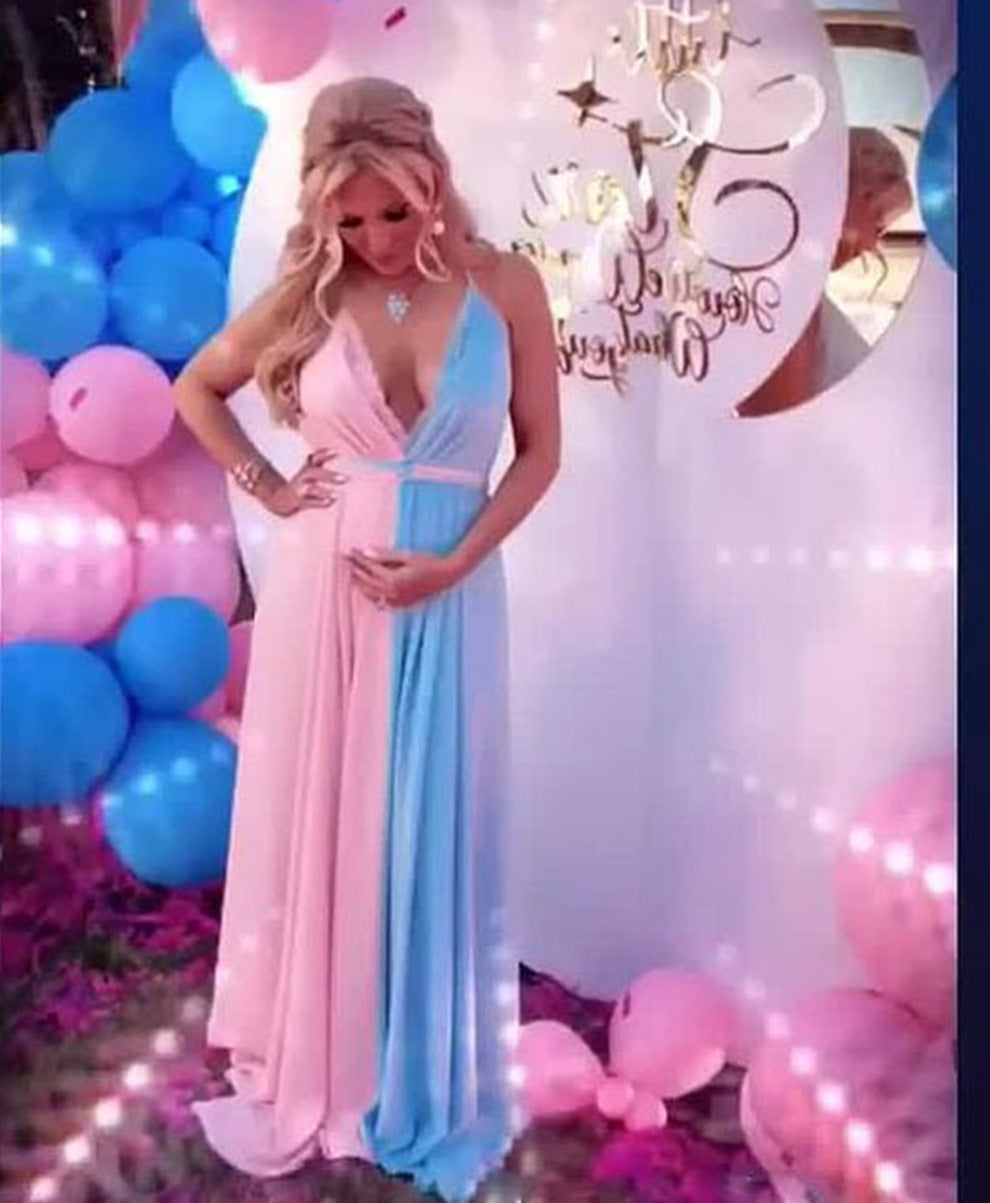 Pink&Blue Lace Backless Side Slit Gender Reveal Cute Maternity Maxi Dress for Photoshoot