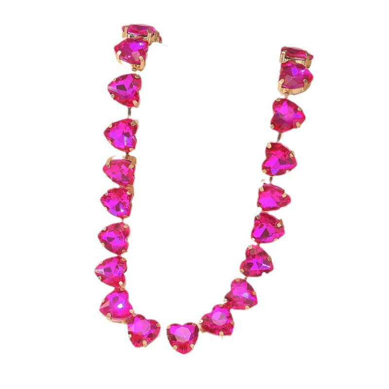 Rose Barbie Pink and White Heart Glass Crystal Waterdrop Collar Necklace - Exaggerated Evening Accessory Crystal Necklace