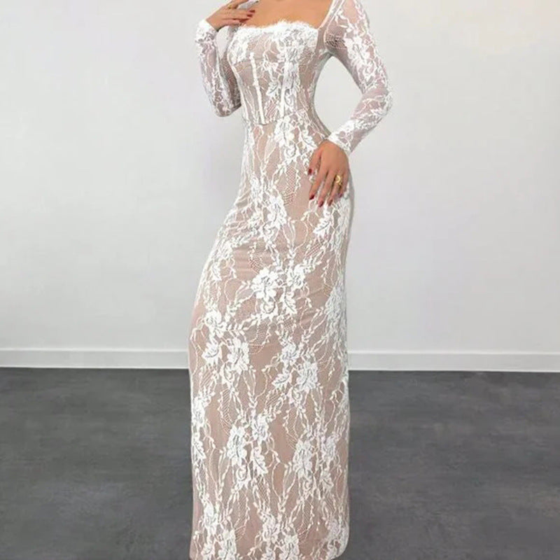 Cross-border Women's Square Neck Lace Dress Trim Spliced Collar Long-sleeve Slim Fit Split Long Elegant Temperament