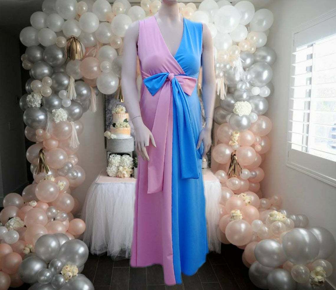 Pink&Blue Lace Backless Side Slit Gender Reveal Cute Maternity Maxi Dress for Photoshoot