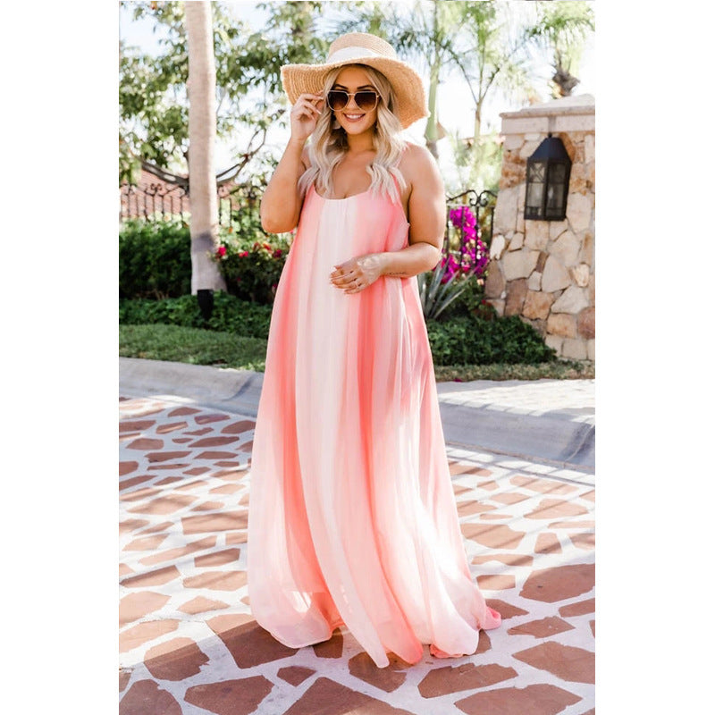 Boho Summer Dress for Women Casual Style Loose Spaghetti Strap Maxi Flowy Sun Dress with Pockets for Beach