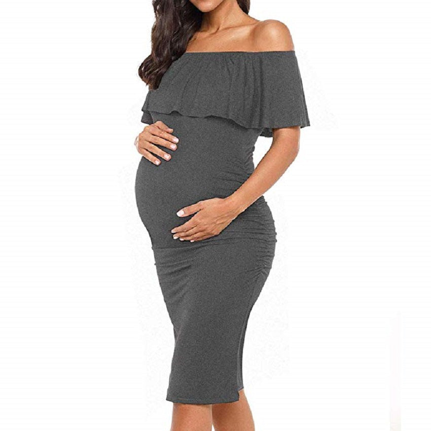 Ruffle Off Shoulder Baby Shower Fitted Maternity Midi Dress