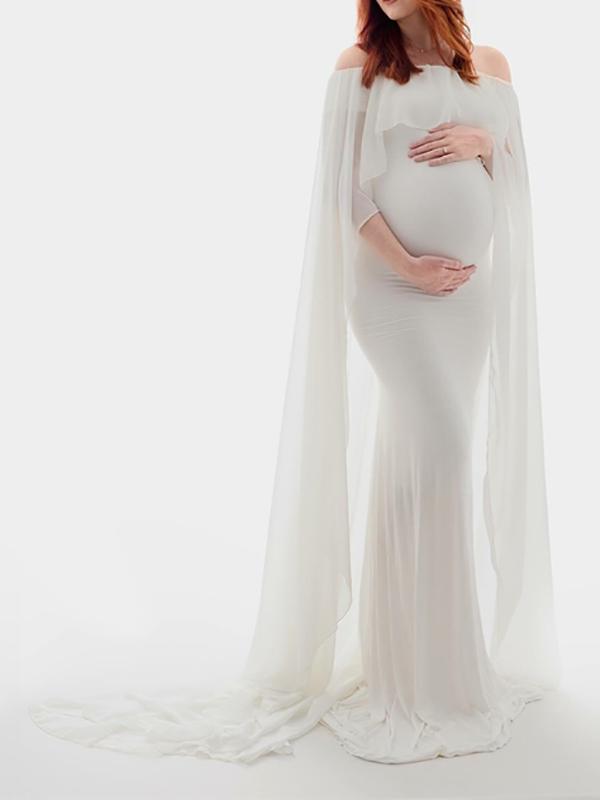 Ruffle Off Shoulder Photoshoot Cape Maternity Maxi Dress