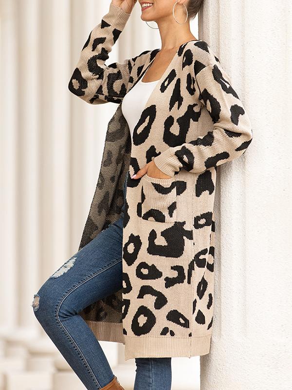 Leopard Pockets Long Sleeve Oversized Sweater Cardigan Coat